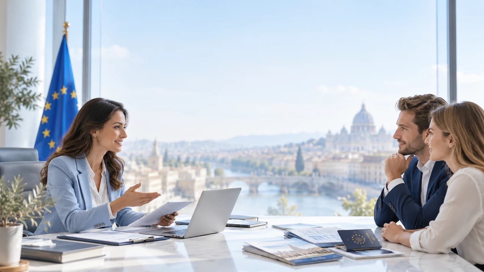Consultant meeting with clients overlooking a European city